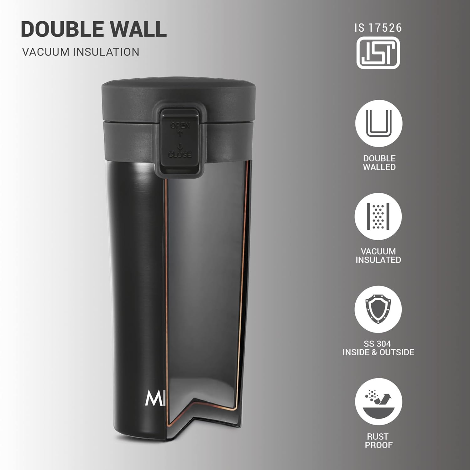 MILTON Thermosteel Vacuum Insulated Travel Coffee Mug, 300ml, Black