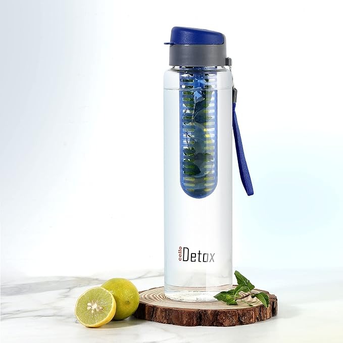 Cello Fruit Infuser Glass Water Bottle 750ml, Blue | Wide Sealed Flip-Top Cap, Leak-Proof, Durable | Airtight, Reusable | Detox Infuser Glass Bottle for Fridge, Gym, Office, Travel, Kitchen & Trekking