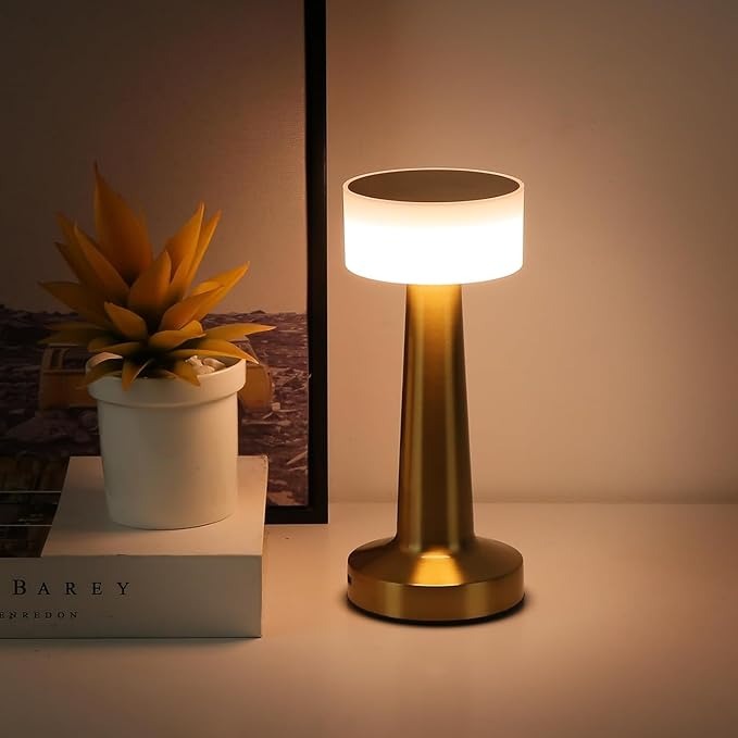 NYRWANA Table Lamp | 2000 mAh Battery | Lamps for Bedroom, Night Lamp for Bedroom & Living Room, 3 Colour Touch Control, Wireless Charging, Diwali Gifts for Family & Friends - Metal (Gold)