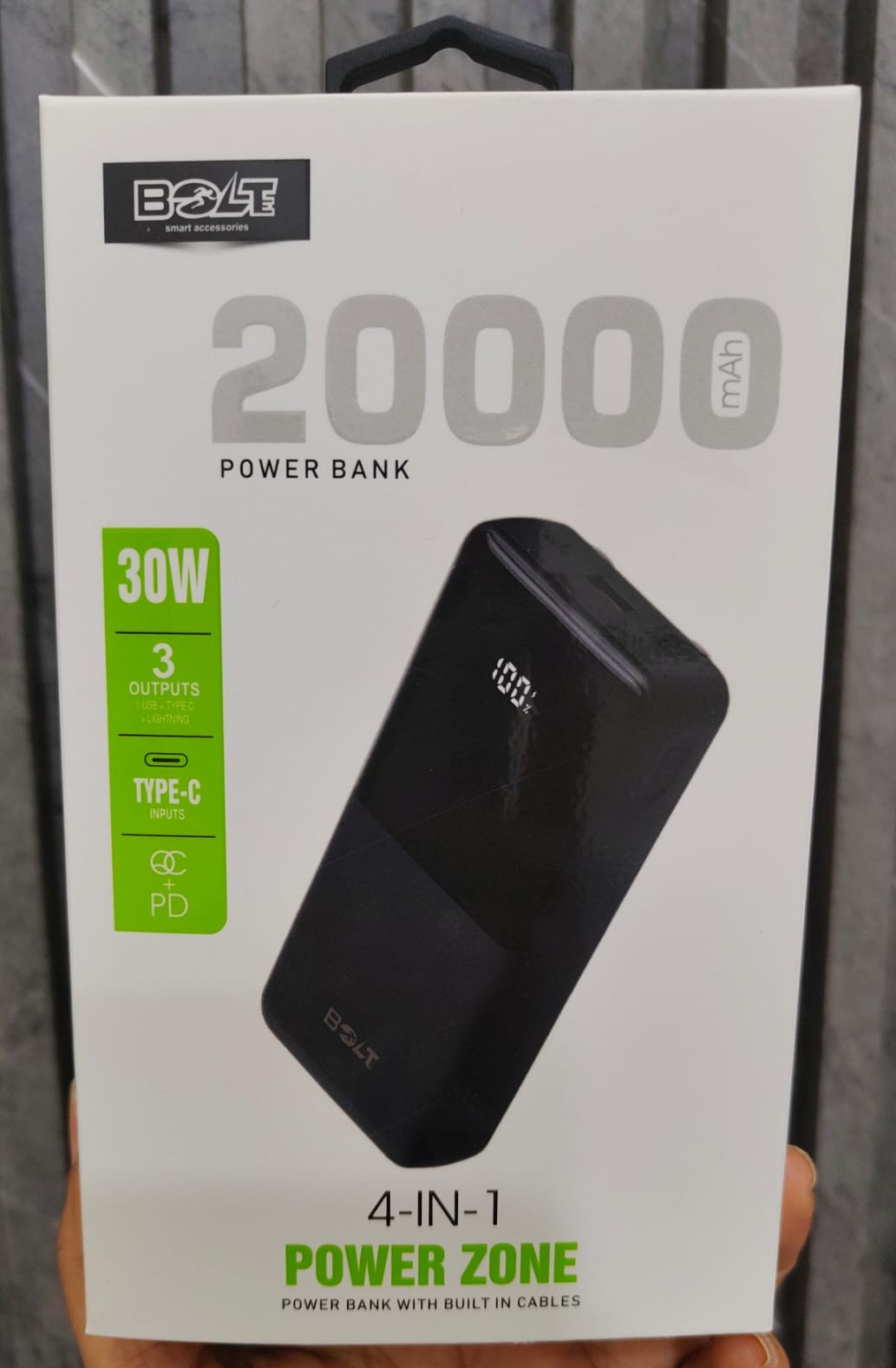 BOLTE Power Zone 20000mAh 30W Fast Charging 4-in-1 Power Bank with Built-in Cables & LED Display (Black)