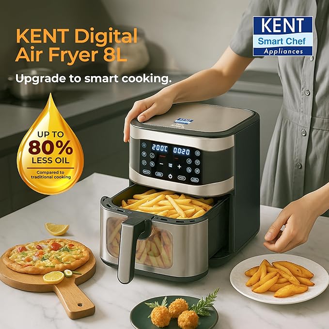 KENT Digital Air Fryer 8L | 1700W | Bake, Grill & Roast | Up to 80% Less Oil Usage | 7 Preset Menu | Digital Display & Touch Control Panel | Glass Window with in built Light | Auto Cut-Off Silver