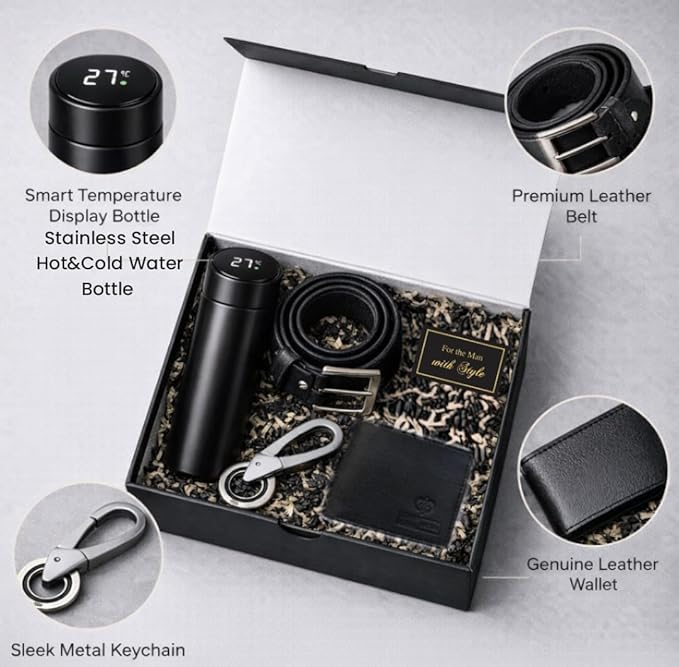 Yadava Men’s Premium Gift Set – Stainless Steel Temperature Bottle, Leather Wallet, Belt & Keychain Combo